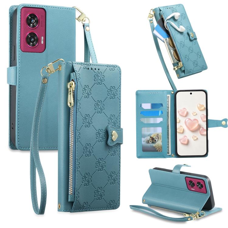 Zipper Wallet Heart Buckle Vegan Leather Phone Case with Wrist Strap