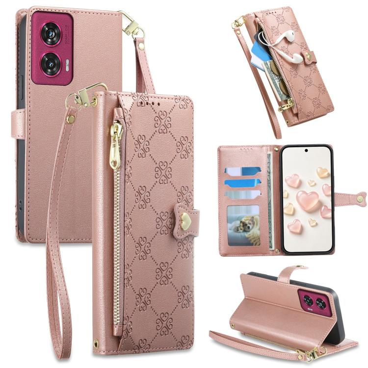 Zipper Wallet Heart Buckle Vegan Leather Phone Case with Wrist Strap