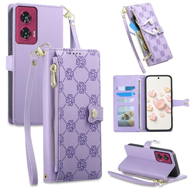 Zipper Wallet Heart Buckle Vegan Leather Phone Case with Wrist Strap