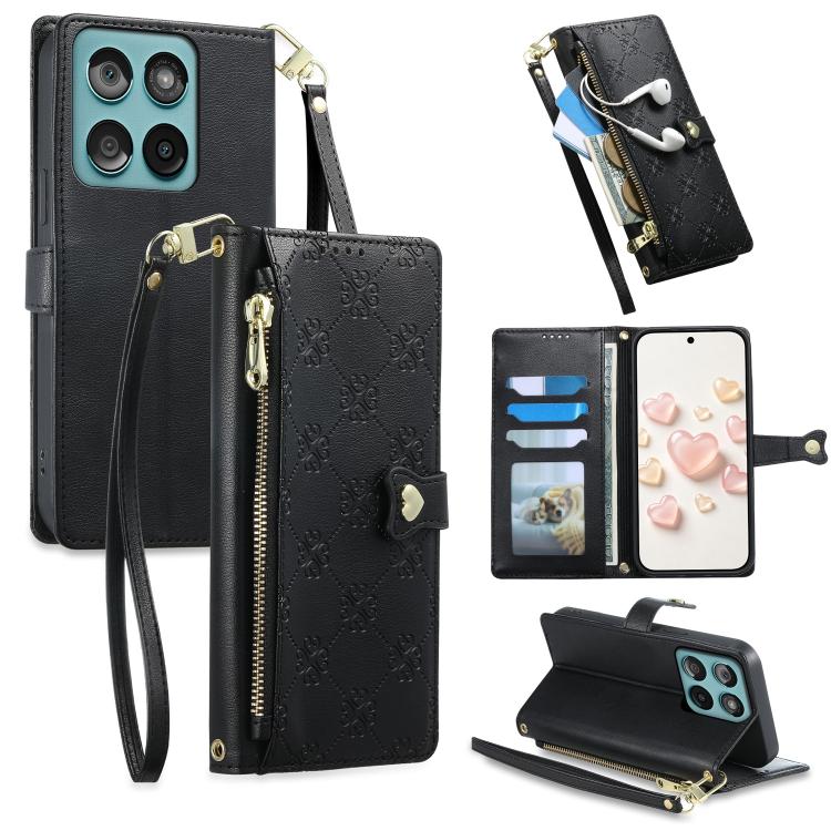 Zipper Wallet Heart Buckle Vegan Leather Phone Case with Wrist Strap