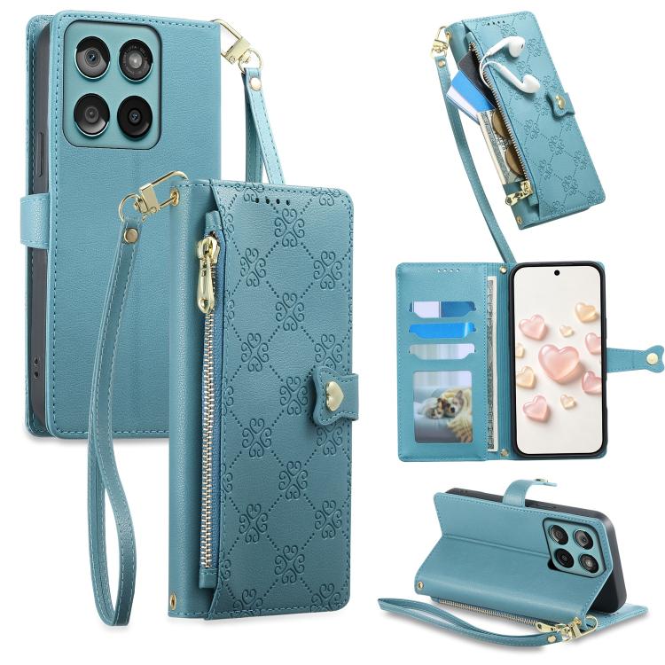 Zipper Wallet Heart Buckle Vegan Leather Phone Case with Wrist Strap