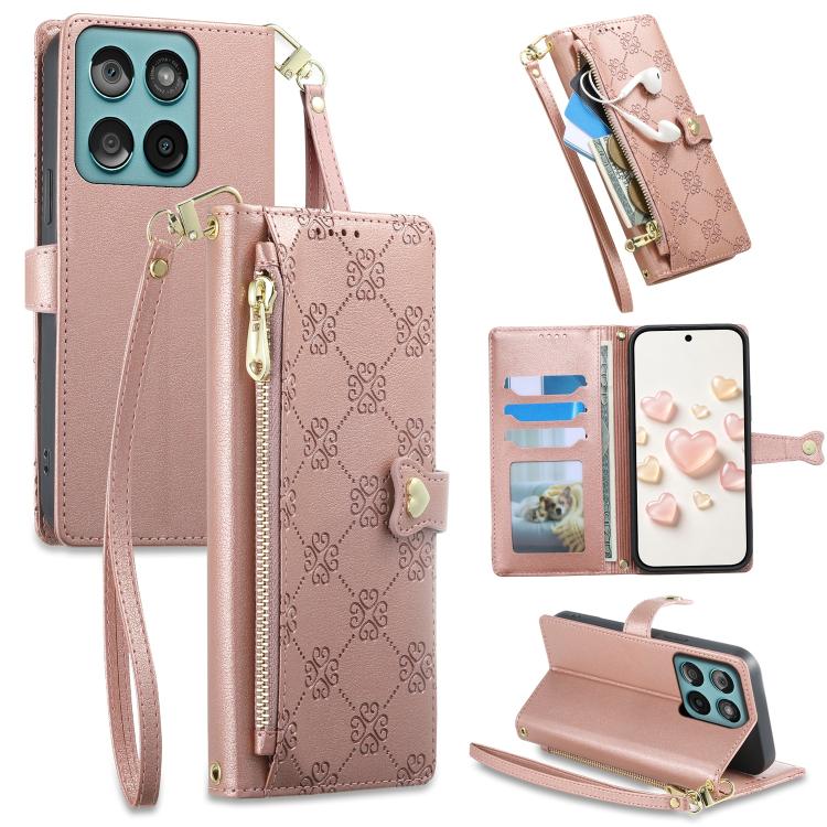 Zipper Wallet Heart Buckle Vegan Leather Phone Case with Wrist Strap