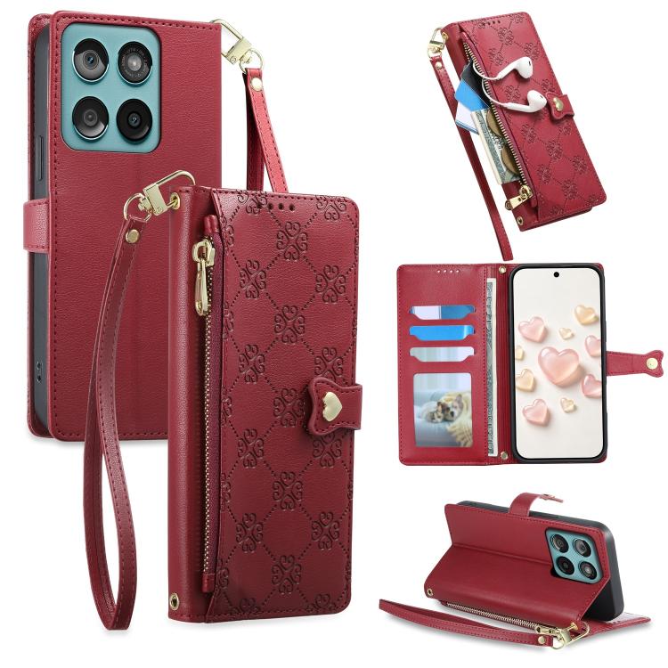 Zipper Wallet Heart Buckle Vegan Leather Phone Case with Wrist Strap