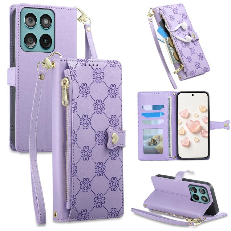 Zipper Wallet Heart Buckle Vegan Leather Phone Case with Wrist Strap