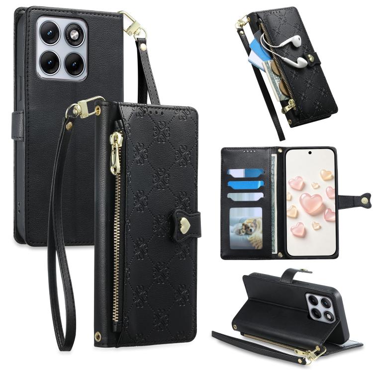 Zipper Wallet Heart Buckle Vegan Leather Phone Case with Wrist Strap