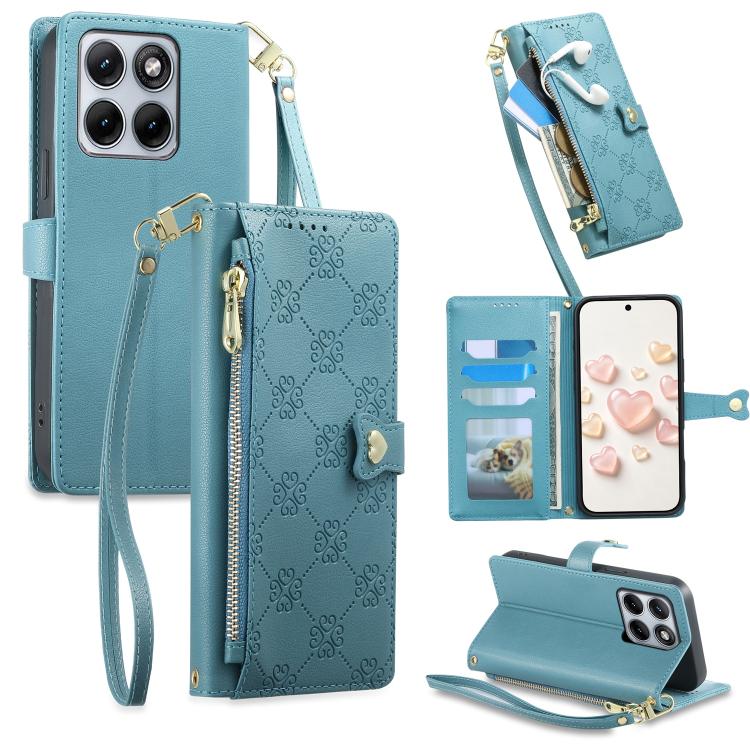 Zipper Wallet Heart Buckle Vegan Leather Phone Case with Wrist Strap