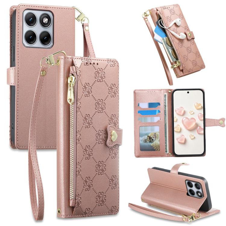Zipper Wallet Heart Buckle Vegan Leather Phone Case with Wrist Strap