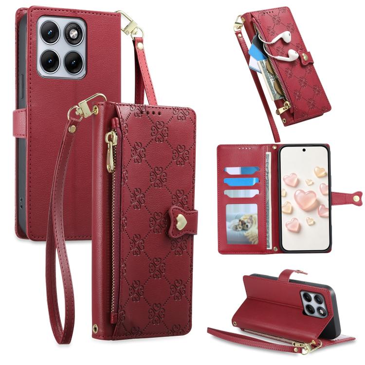 Zipper Wallet Heart Buckle Vegan Leather Phone Case with Wrist Strap