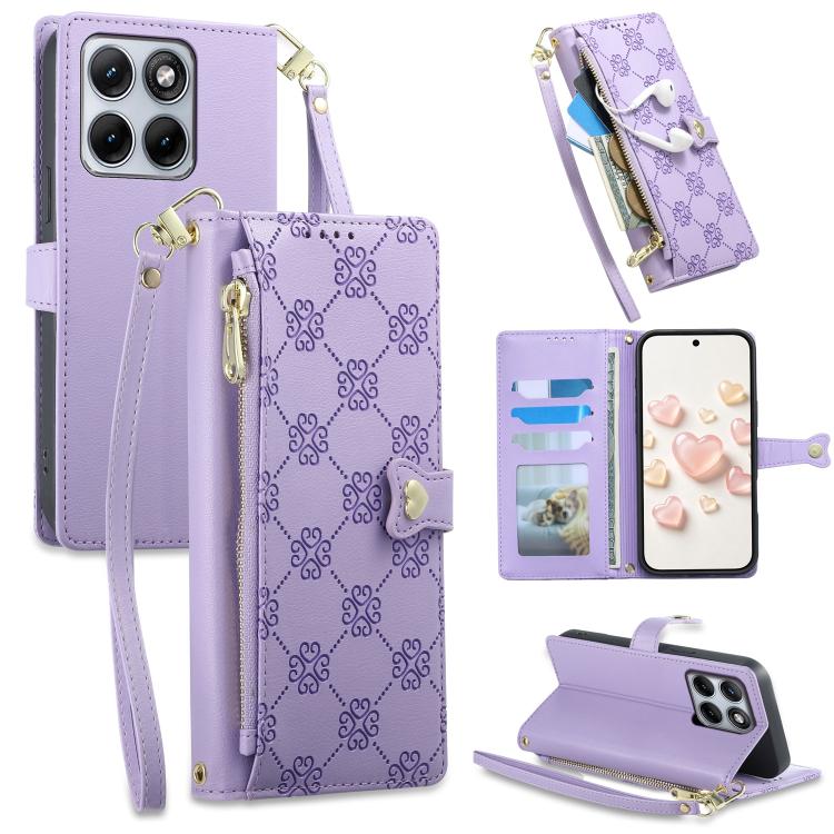 Zipper Wallet Heart Buckle Vegan Leather Phone Case with Wrist Strap