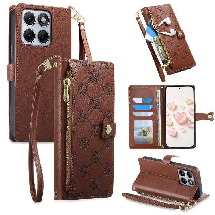 Zipper Wallet Heart Buckle Vegan Leather Phone Case with Wrist Strap