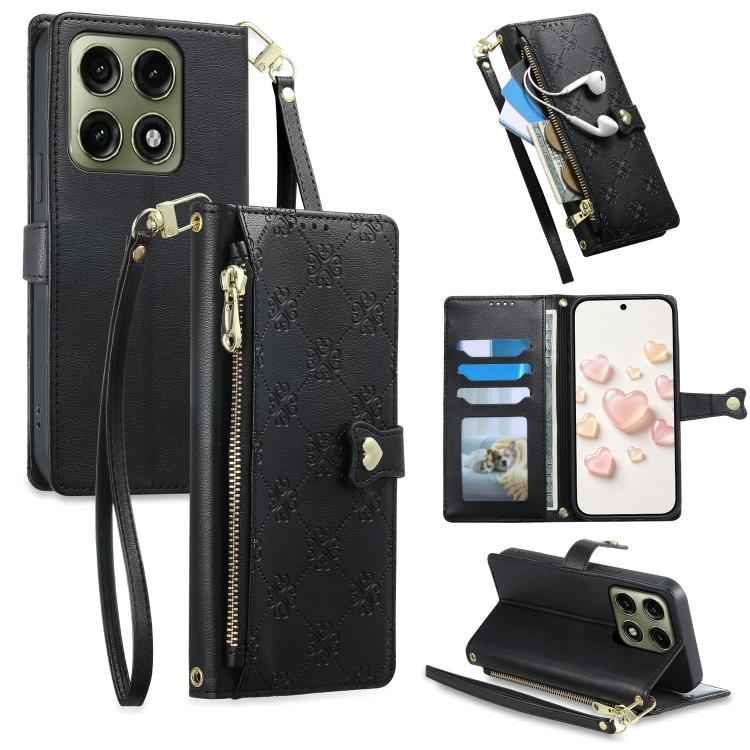 Zipper Wallet Heart Buckle Vegan Leather Phone Case with Wrist Strap