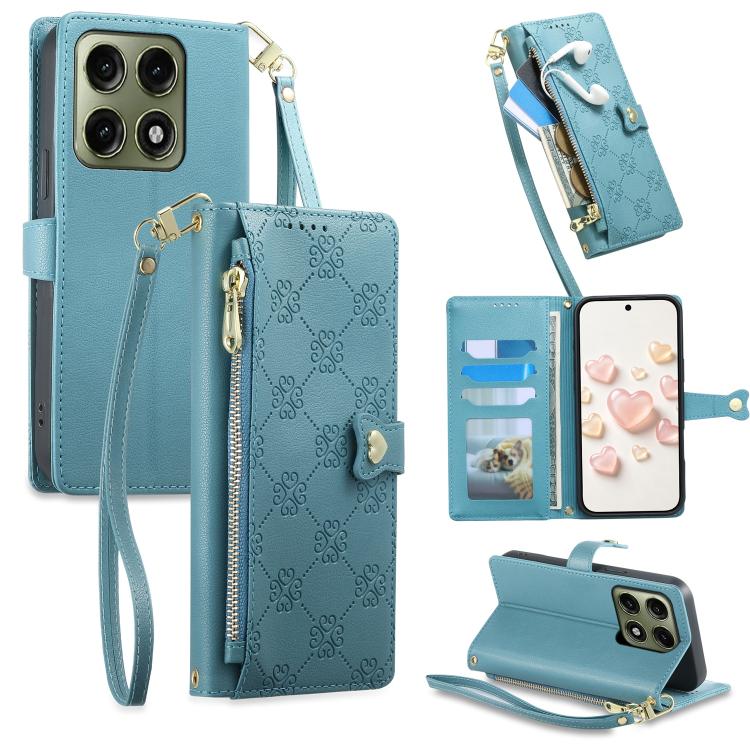 Zipper Wallet Heart Buckle Vegan Leather Phone Case with Wrist Strap