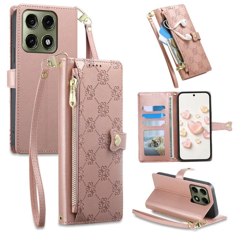 Zipper Wallet Heart Buckle Vegan Leather Phone Case with Wrist Strap