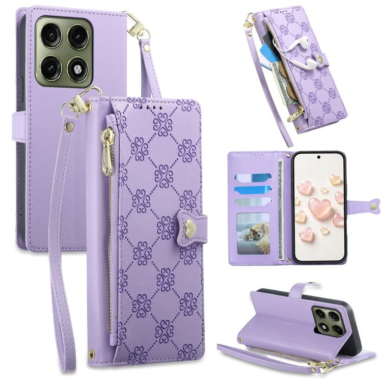 Zipper Wallet Heart Buckle Vegan Leather Phone Case with Wrist Strap