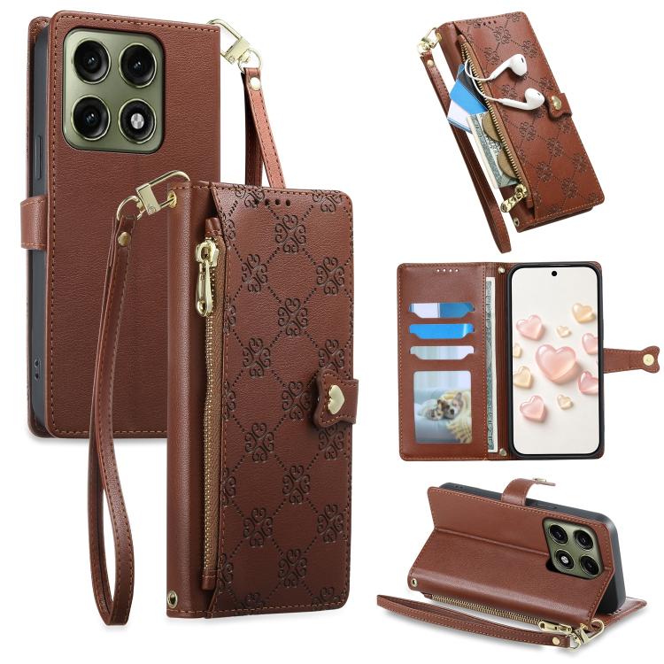 Zipper Wallet Heart Buckle Vegan Leather Phone Case with Wrist Strap