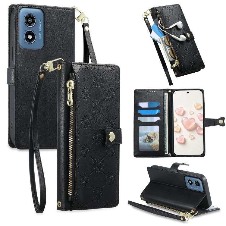 Zipper Wallet Heart Buckle Vegan Leather Phone Case with Wrist Strap