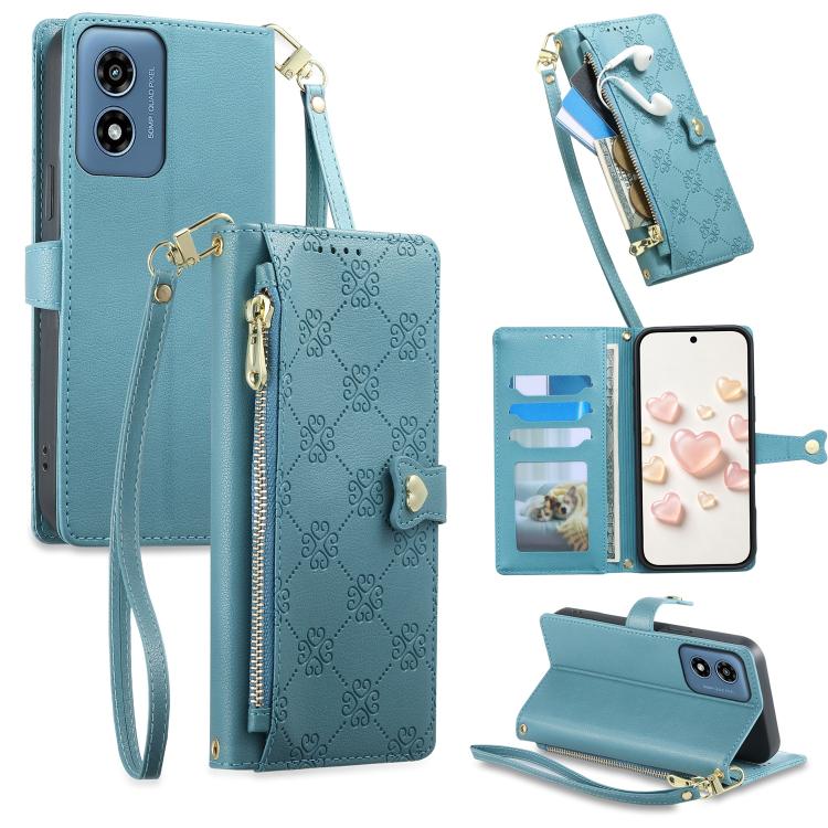 Zipper Wallet Heart Buckle Vegan Leather Phone Case with Wrist Strap