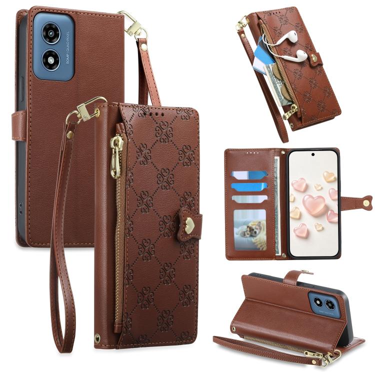 Zipper Wallet Heart Buckle Vegan Leather Phone Case with Wrist Strap