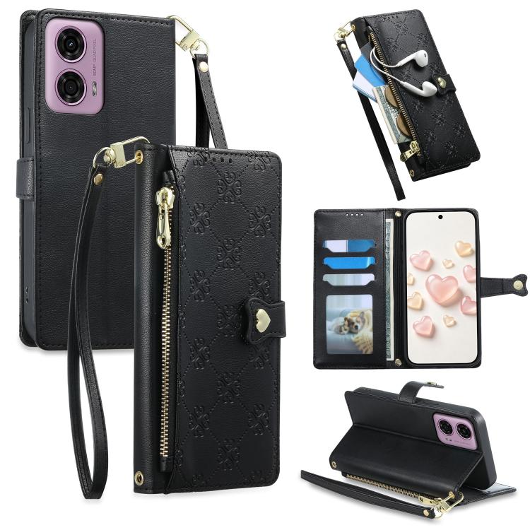 Zipper Wallet Heart Buckle Vegan Leather Phone Case with Wrist Strap