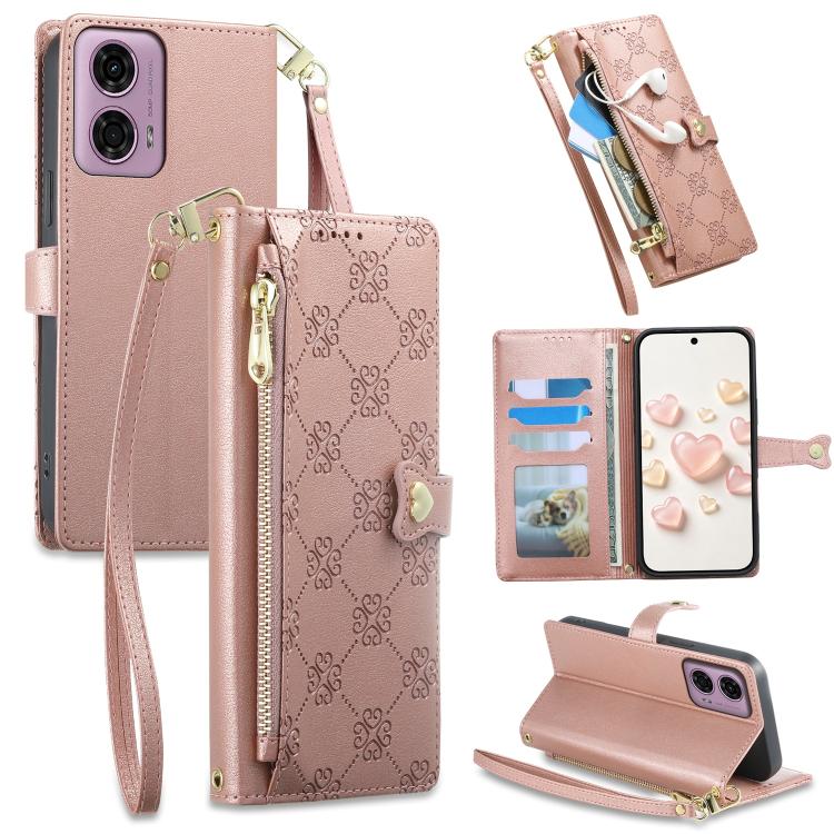 Zipper Wallet Heart Buckle Vegan Leather Phone Case with Wrist Strap
