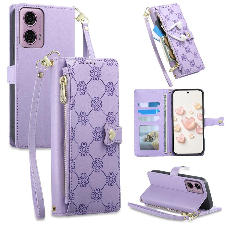 Zipper Wallet Heart Buckle Vegan Leather Phone Case with Wrist Strap