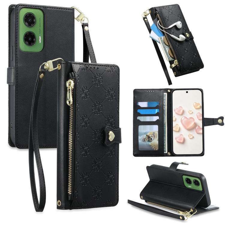 Zipper Wallet Heart Buckle Vegan Leather Phone Case with Wrist Strap