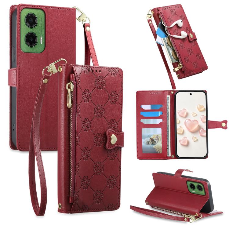 Zipper Wallet Heart Buckle Vegan Leather Phone Case with Wrist Strap