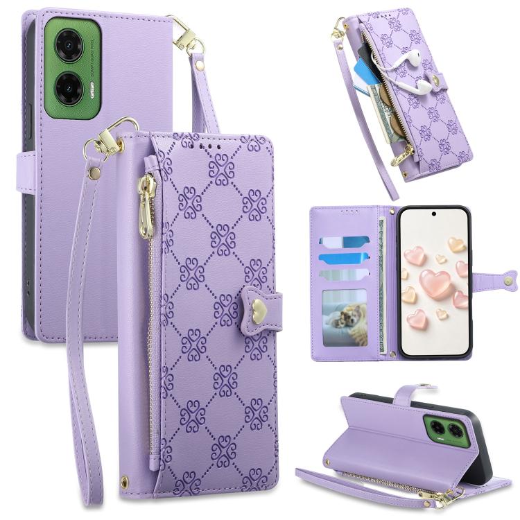 Zipper Wallet Heart Buckle Vegan Leather Phone Case with Wrist Strap