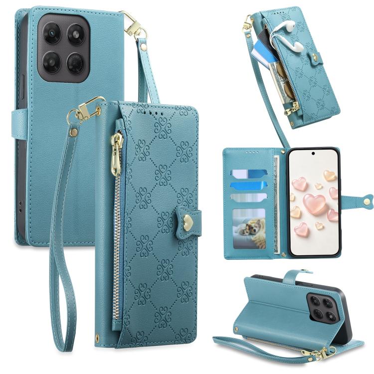 Zipper Wallet Heart Buckle Vegan Leather Phone Case with Wrist Strap