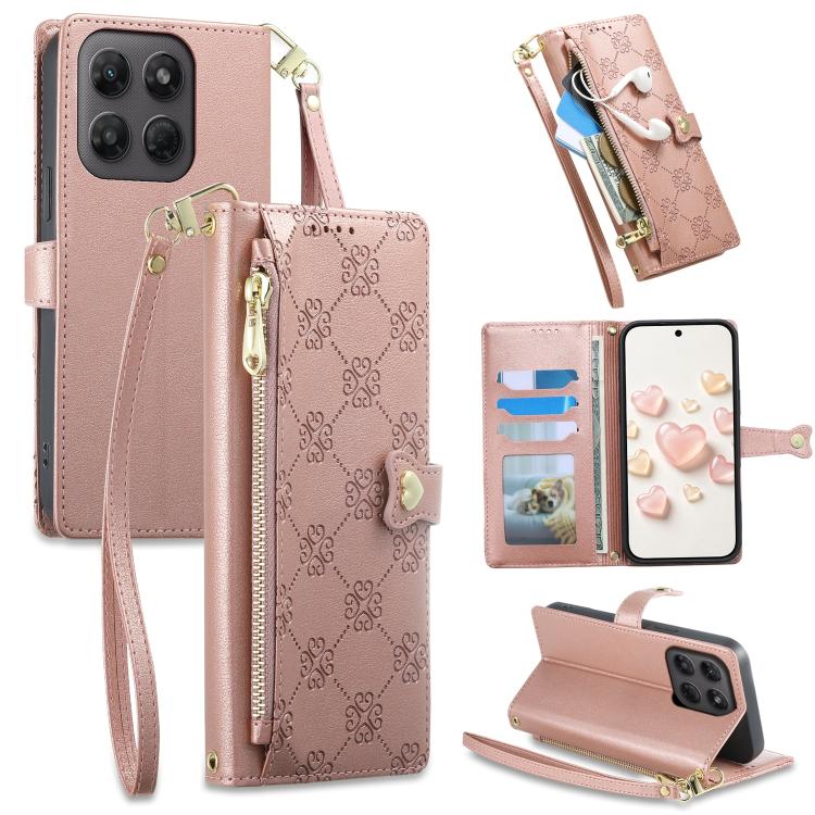 Zipper Wallet Heart Buckle Vegan Leather Phone Case with Wrist Strap