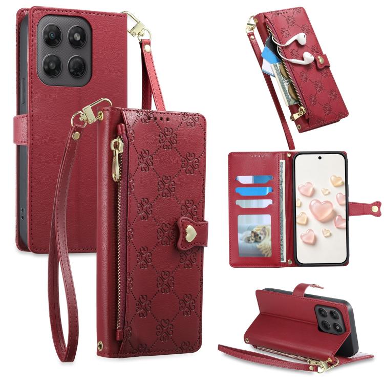 Zipper Wallet Heart Buckle Vegan Leather Phone Case with Wrist Strap