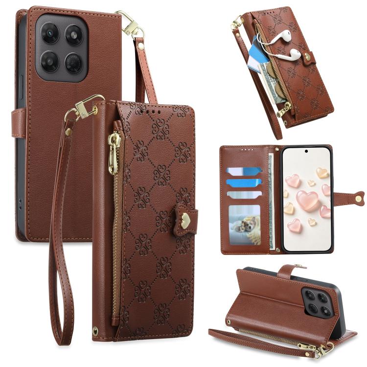Zipper Wallet Heart Buckle Vegan Leather Phone Case with Wrist Strap