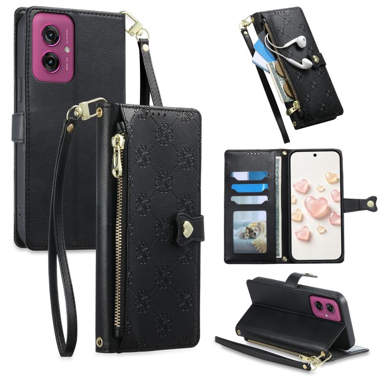 Zipper Wallet Heart Buckle Vegan Leather Phone Case with Wrist Strap