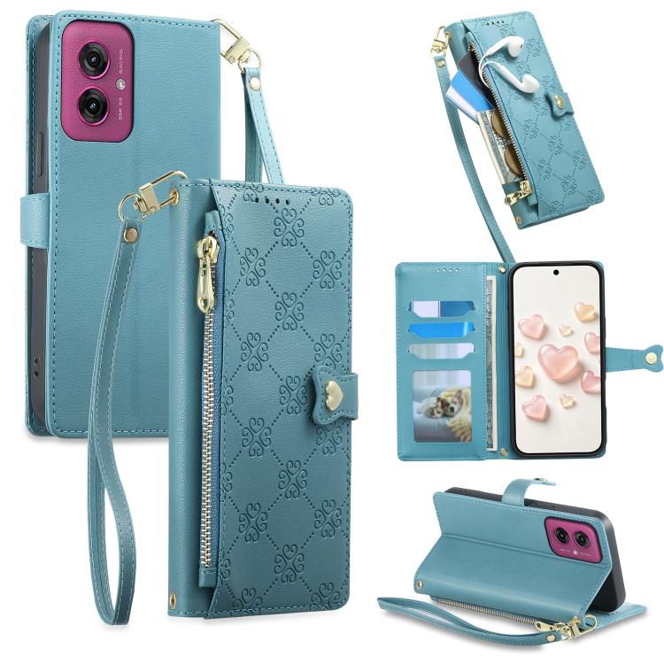 Zipper Wallet Heart Buckle Vegan Leather Phone Case with Wrist Strap