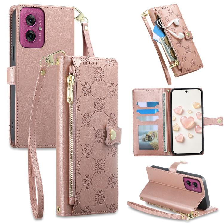 Zipper Wallet Heart Buckle Vegan Leather Phone Case with Wrist Strap