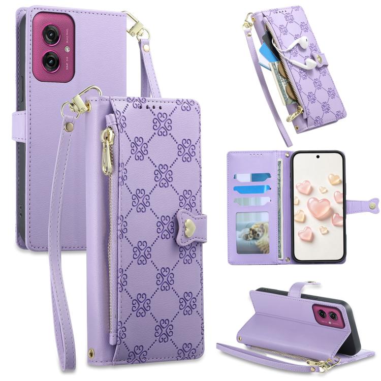 Zipper Wallet Heart Buckle Vegan Leather Phone Case with Wrist Strap