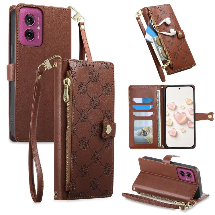 Zipper Wallet Heart Buckle Vegan Leather Phone Case with Wrist Strap