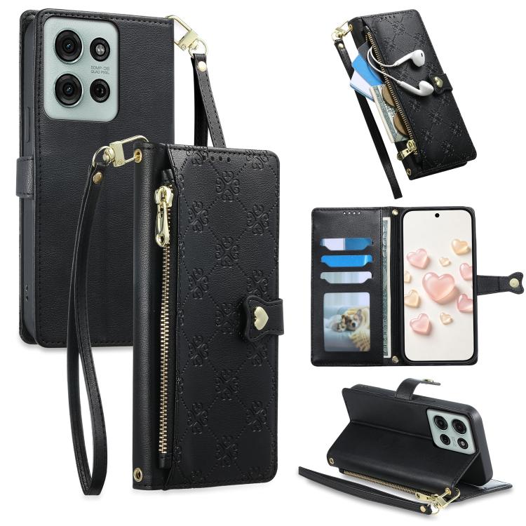 Zipper Wallet Heart Buckle Vegan Leather Phone Case with Wrist Strap