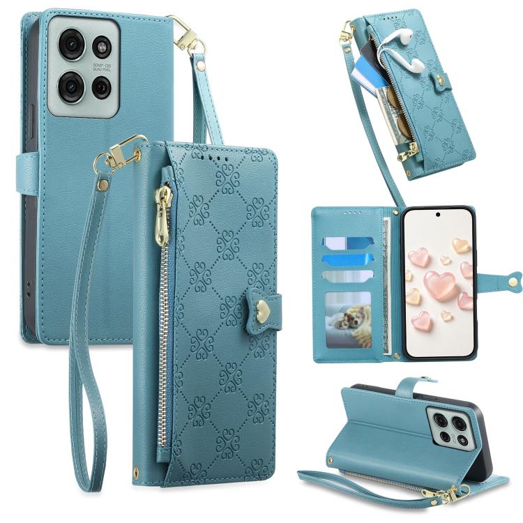 Zipper Wallet Heart Buckle Vegan Leather Phone Case with Wrist Strap