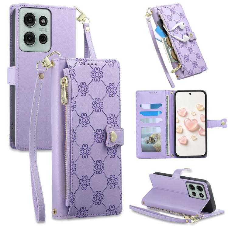 Zipper Wallet Heart Buckle Vegan Leather Phone Case with Wrist Strap
