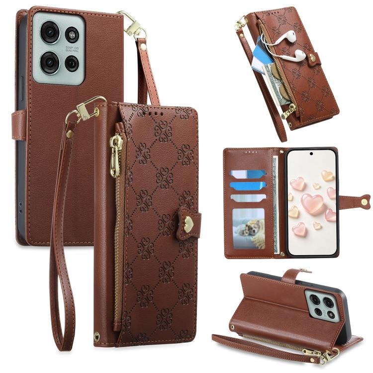 Zipper Wallet Heart Buckle Vegan Leather Phone Case with Wrist Strap