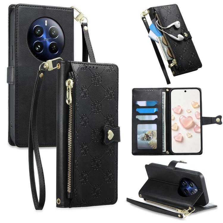 Zipper Wallet Heart Buckle Vegan Leather Phone Case with Wrist Strap