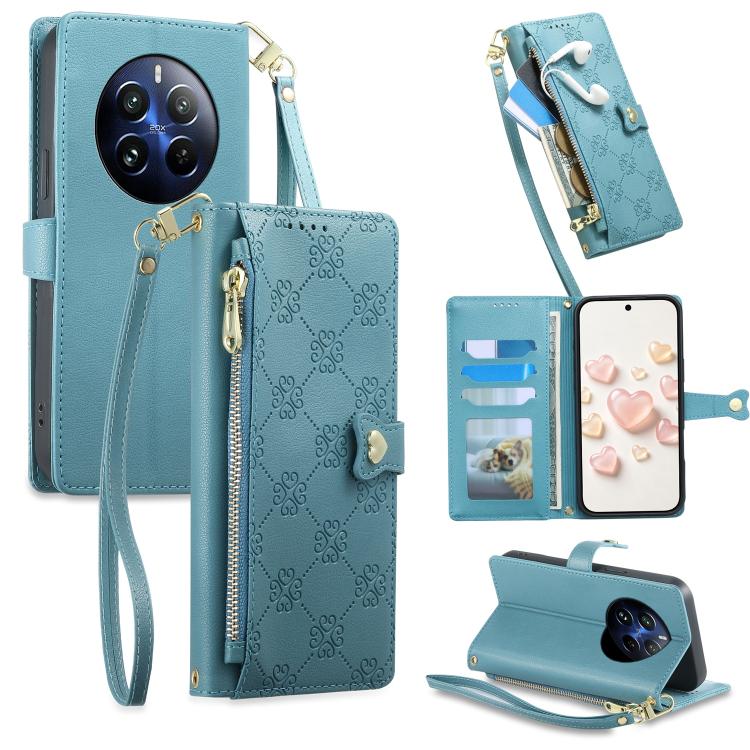 Zipper Wallet Heart Buckle Vegan Leather Phone Case with Wrist Strap — Brown