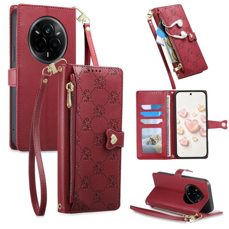 Zipper Wallet Heart Buckle Vegan Leather Phone Case with Wrist Strap — Brown