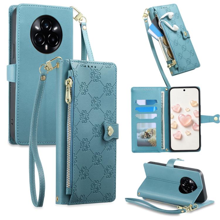 Zipper Wallet Heart Buckle Vegan Leather Phone Case with Wrist Strap — For Realme 12 5G / 12x / C65 5G