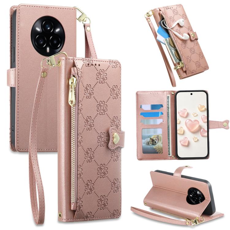 Zipper Wallet Heart Buckle Vegan Leather Phone Case with Wrist Strap — For Realme GT 6 / GT Neo6 / GT Neo6 SE
