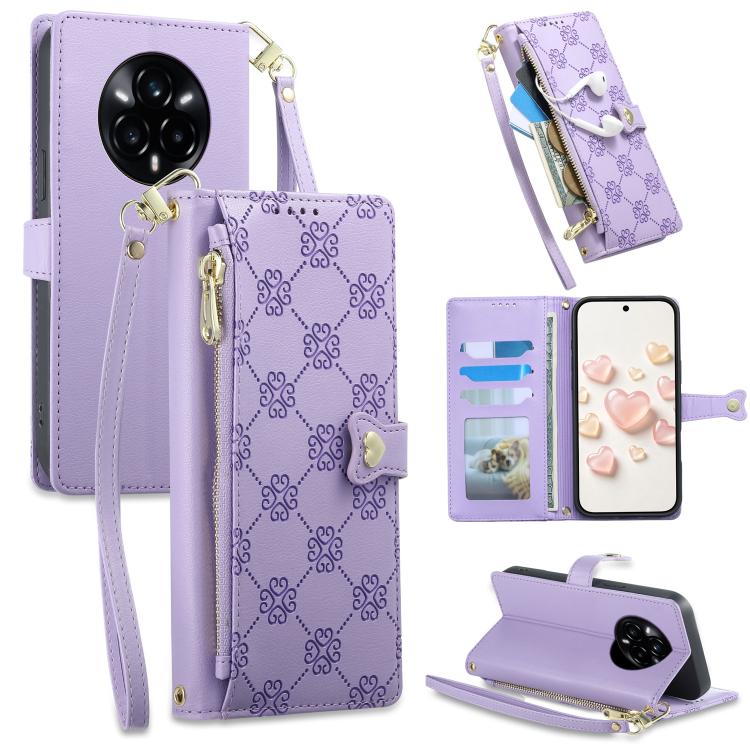Zipper Wallet Heart Buckle Vegan Leather Phone Case with Wrist Strap — Black