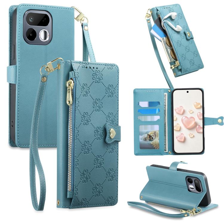 Zipper Wallet Heart Buckle Vegan Leather Phone Case with Wrist Strap — For Realme 15T 5G