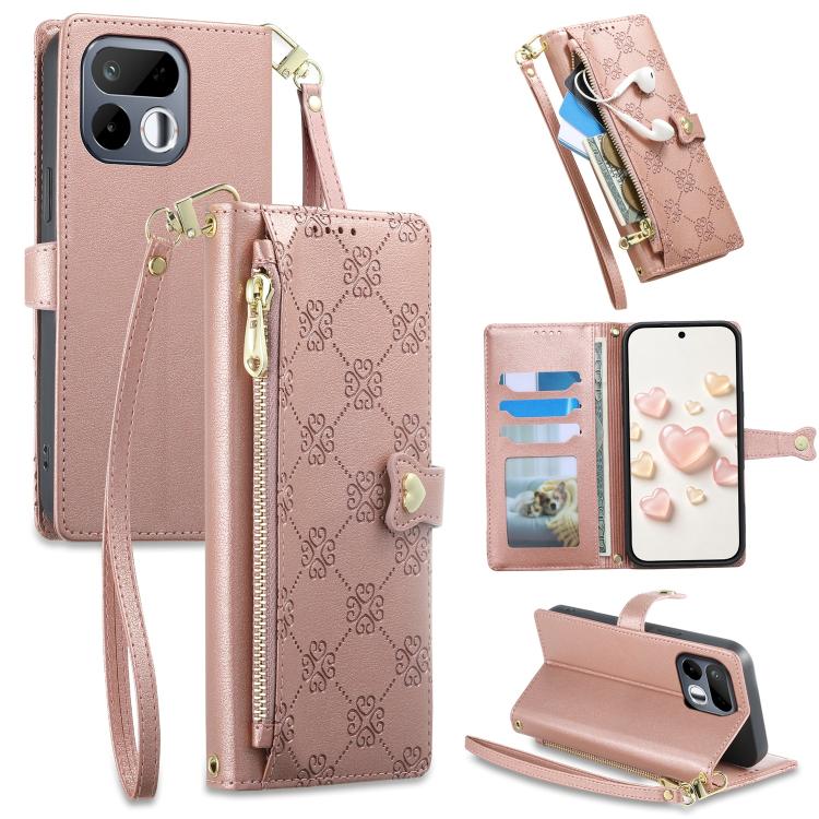 Zipper Wallet Heart Buckle Vegan Leather Phone Case with Wrist Strap — For Realme 15 5G / Realme 15 Pro 5G