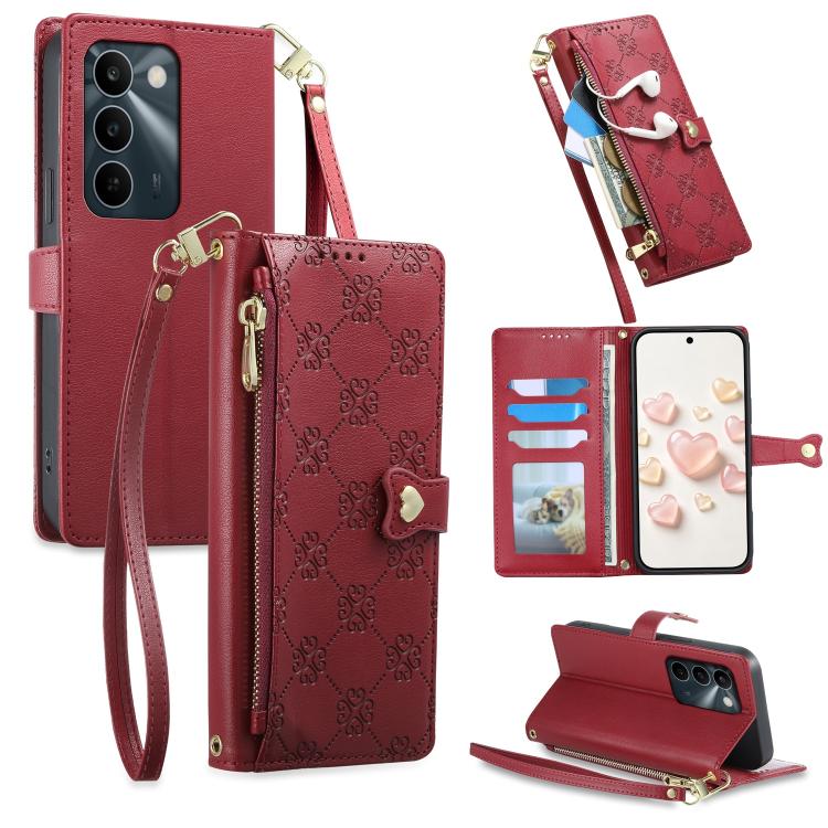 Zipper Wallet Heart Buckle Vegan Leather Phone Case with Wrist Strap — Brown